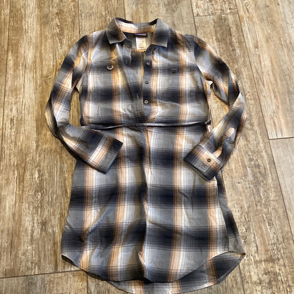 Patagonia Plaid Long Sleeve Dress - Blue and Tan